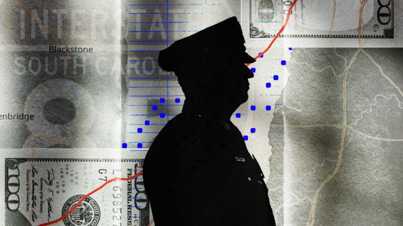 An illustration of a police officer's silhouette against images of money An illustration of a police officer's silhouette against images of money | Illustration: Lex Villena; Midjourney