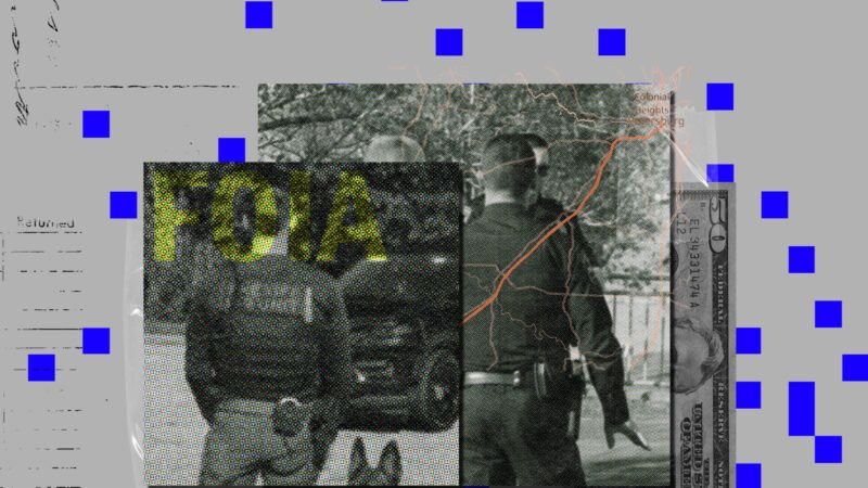 Images of law enforcement officers in black and white, a light gray background with some map and legal document marking, and blue boxes scattered across the image Images of law enforcement officers in black and white, a light gray background with some map and legal document marking, and blue boxes scattered across the image | Illustration: Lex Villena; Midjourney