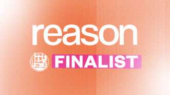 An orange background with the 'Reason' logo in white and the word finalist in white with pink highlight next to the LA Press Club logo in white | Illustration: Lex Villena